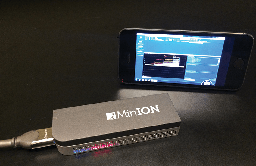 MinION DNA sequencer next to mobile phone