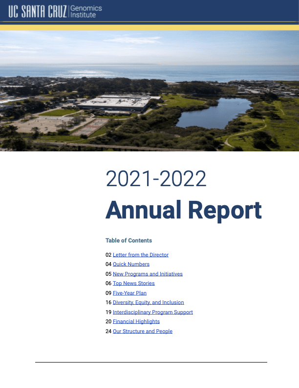 Cover of the 2022 Annual Report showing an arial view of a building with a pond next to it and the ocean behind it