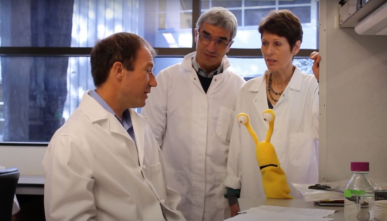 Photo of 3 researchers huddled around a banana slug puppet.