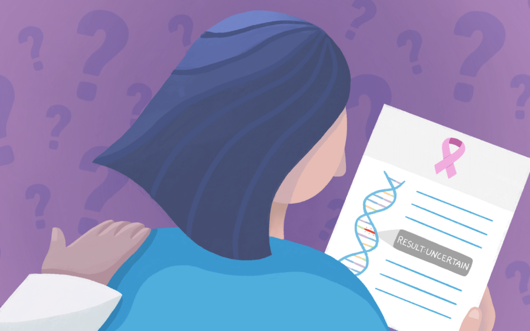 A woman looks at a document that has a pink breast cancer ribbon on top and a symbol of DNA on the side. The only readable text says "uncertain."