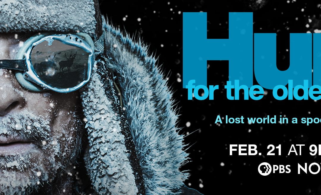 Advertisement for PBS documentary Hunt for the Oldest DNA, with a photo of a man with a frozen beard and fur hat and goggles.